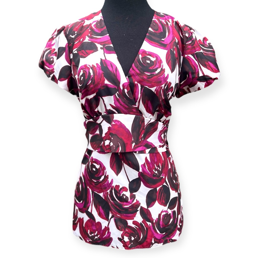 Ann Taylor Red Roses Empire Waist Tie Back Short Sleeve Blouse | Women’s 8